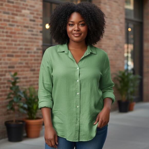 Lauren Ralph Lauren Linen Button Down Shirt 2X Green Embroidered Chest Logo RLL - Picture 1 of 7